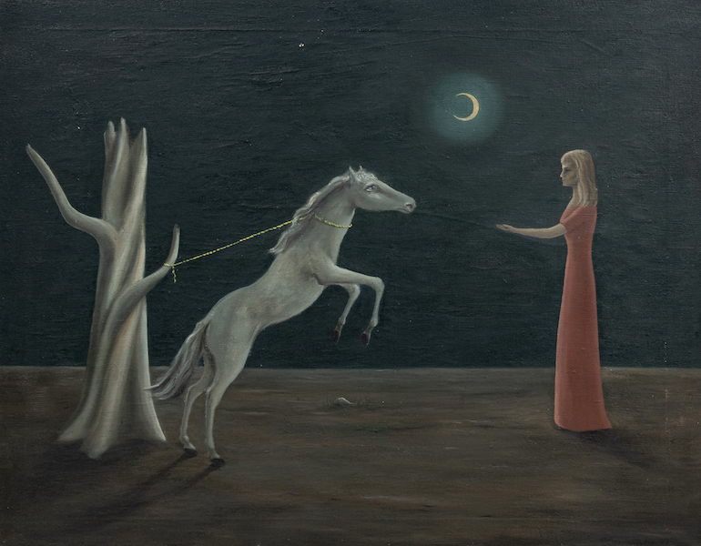 Gertrude Abercrombie, ‘Untitled (Woman with Tethered Horse and Moon),’ $437,500. Image courtesy of Hindman