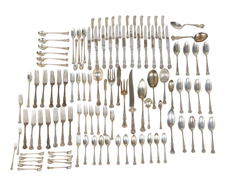 110-piece set of sterling flatware by Gorham-Alvin in the Cambridge pattern, estimated at $2,000-$4,000