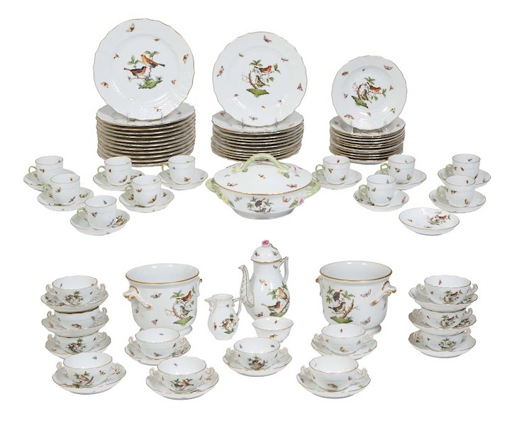 89-piece set of Herend porcelain dinnerware in the Rothschild Bird pattern, estimated at $3,000-$5,000