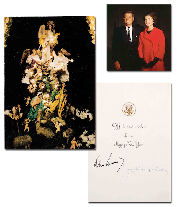 1963 Hallmark Christmas card signed by President John F. Kennedy and First Lady Jackie Kennedy, with a secularized holiday message, estimated at $15,000-$20,000
