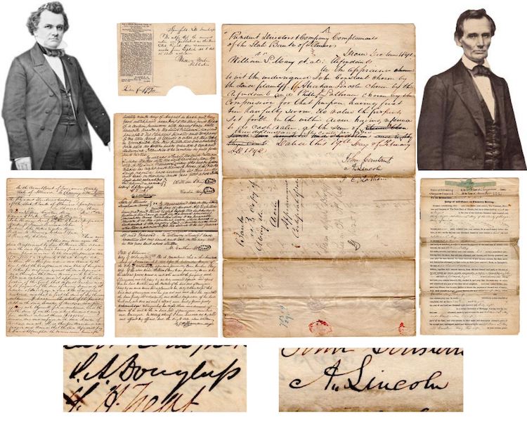 Legal archive of eight documents totaling 34 pages from 1838, signed by two political giants, Abraham Lincoln and Stephen Douglas, estimated at $18,000-$20,000