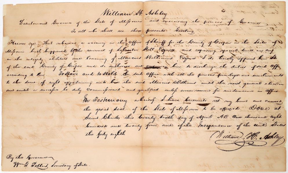 Document written and signed by William Henry Ashley, Lt. Gov. of Missouri in 1824, with the Seal of Missouri, estimated at $4,000-$6,000