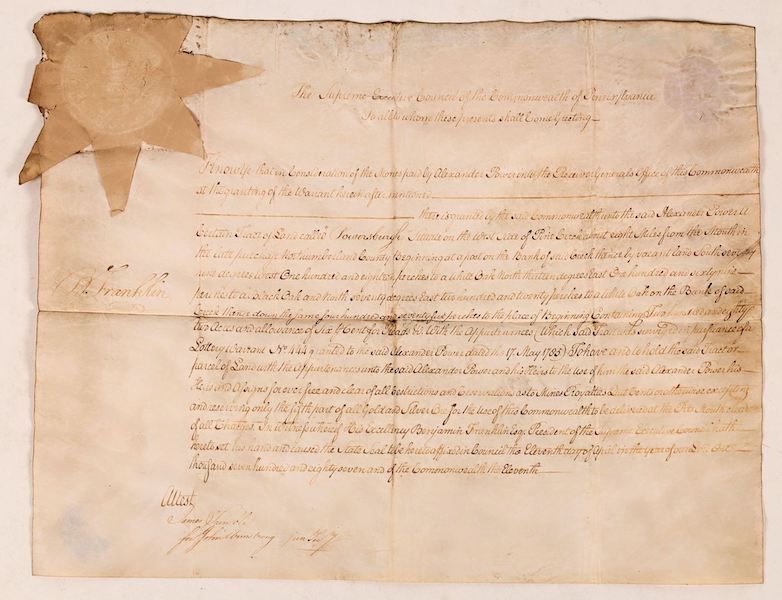 Land deed signed in 1787 by Benjamin Franklin as president of the Supreme Executive Council of Pennsylvania, estimated at $25,000-$50,000