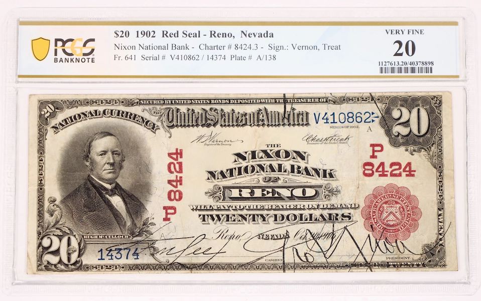 $20 Nixon National Bank 1902 red seal banknote, one of four known, estimated at $50,000-$75,000