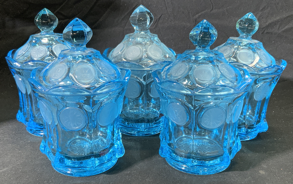 Group of five blue Fostoria coin glass candy bowls, estimated at $20-$100