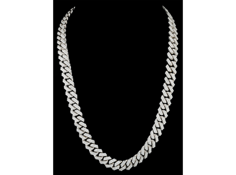 14K white gold Cuban-link necklace with 26.00 carats of (1,543) round, brilliant-cut diamonds. Gross weight: 229.0g. Sold within estimate for $20,910. Image courtesy of Morphy Auctions