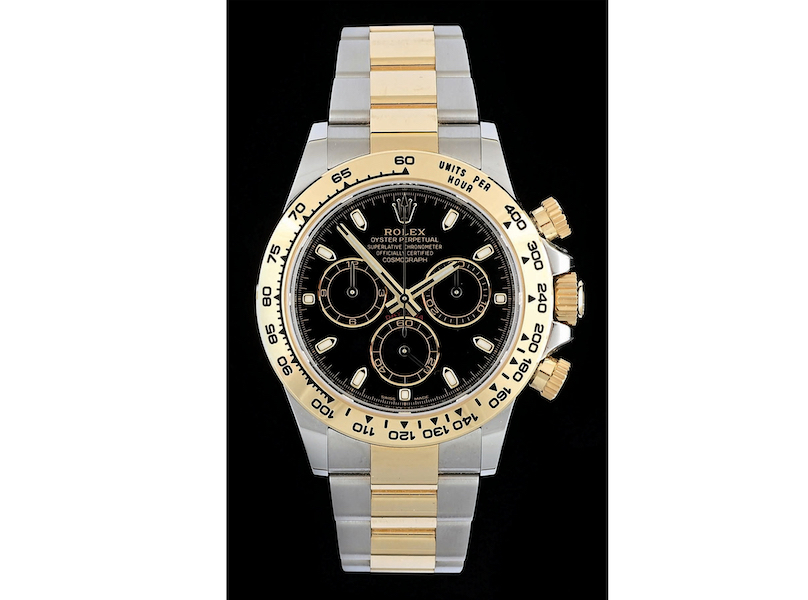 Men’s steel and gold Rolex Daytona Cosmograph Chronometer Ref. 116503, black dial with luminous markets. Complete with all links, box, papers, tags. Sold above high estimate for $34,440. Image courtesy of Morphy Auctions
