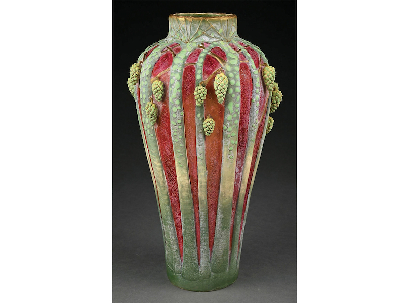 Paul Dachsel monumental Pinecone vase, 17in tall. Sold at upper end of estimate range, for $8,610. Image courtesy of Morphy Auctions