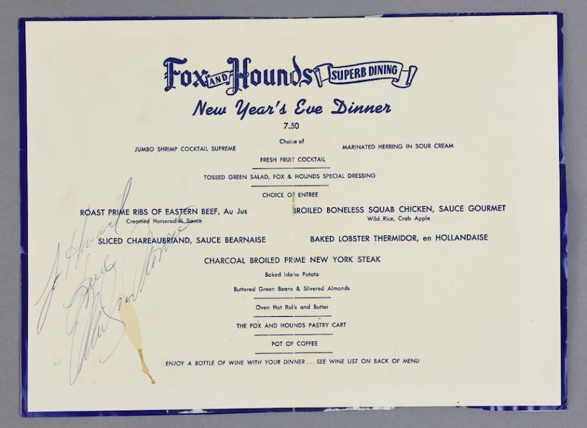 1957 menu from the Fox and Hounds restaurant, signed by Marilyn Monroe, estimated at $500-$1,500