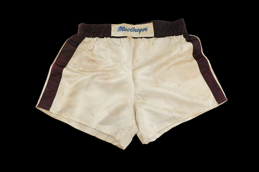 Muhammad Ali’s game-worn MacGregor boxing shorts from his final fight in 1981, estimated at £15,000-£20,000 (about $18,500-$24,700). Image courtesy of Chiswick Auctions