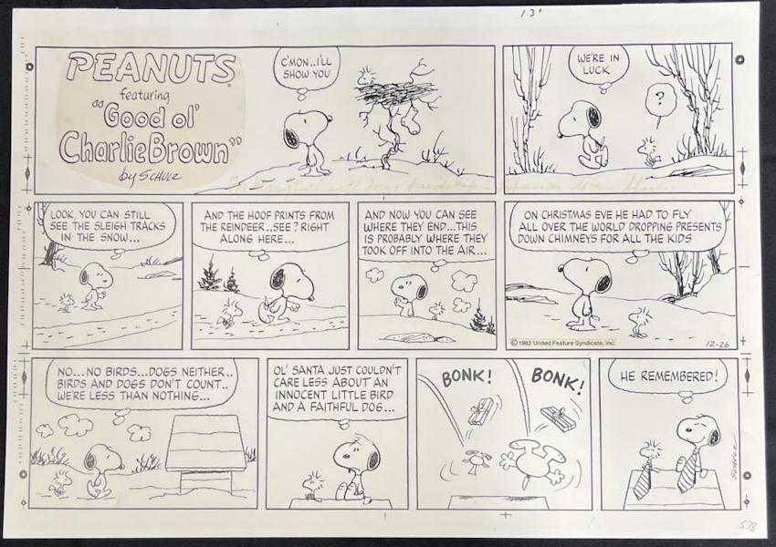‘Peanuts’ 10-panel original Sunday page featuring Snoopy and Woodstock, dated 12/26/1982, estimated at $40,000-$60,000