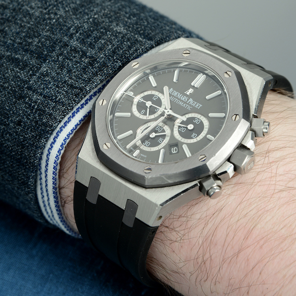 Another view of the Audemars Piguet Royal Oak Leo Messi edition wristwatch in stainless steel that sold for £31,200 (about $38,500). Image courtesy of Fellows