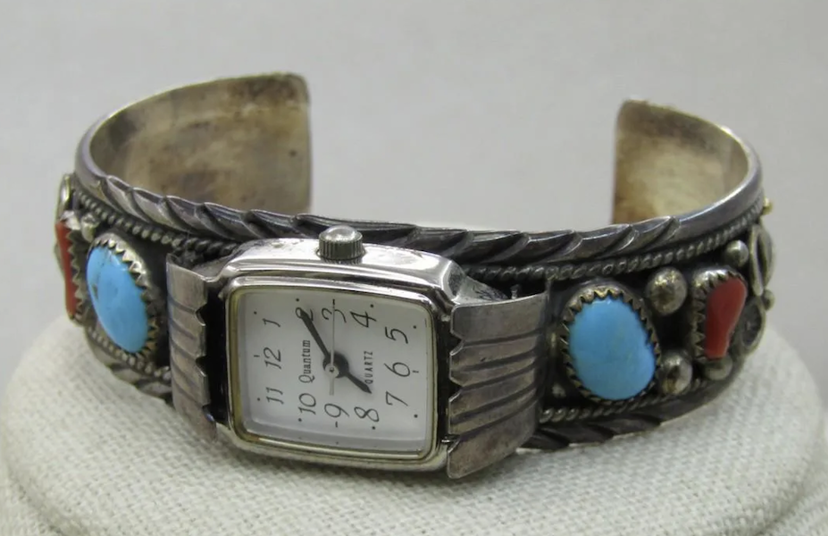 Sterling silver, turquoise and coral cuff bracelet with ladies’ watch, estimated at $200-$250