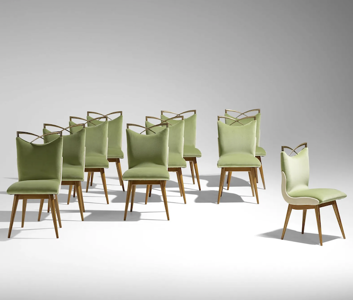 A circa-1950 set of 10 Italian dining chairs, upholstered in light green velvet, earned $12,000 plus the buyer’s premium in April 2022. Image courtesy of Rago Arts and Auction Center and LiveAuctioneers