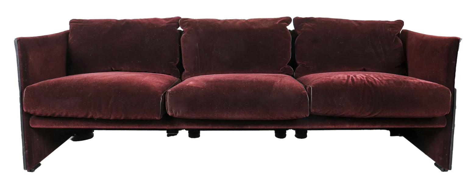This Mario Bellini for Cassina Postmodern three-seater sofa with aubergine velvet upholstery realized $4,500 plus the buyer’s premium in January 2022. Image courtesy of Auctions at Showplace and LiveAuctioneers