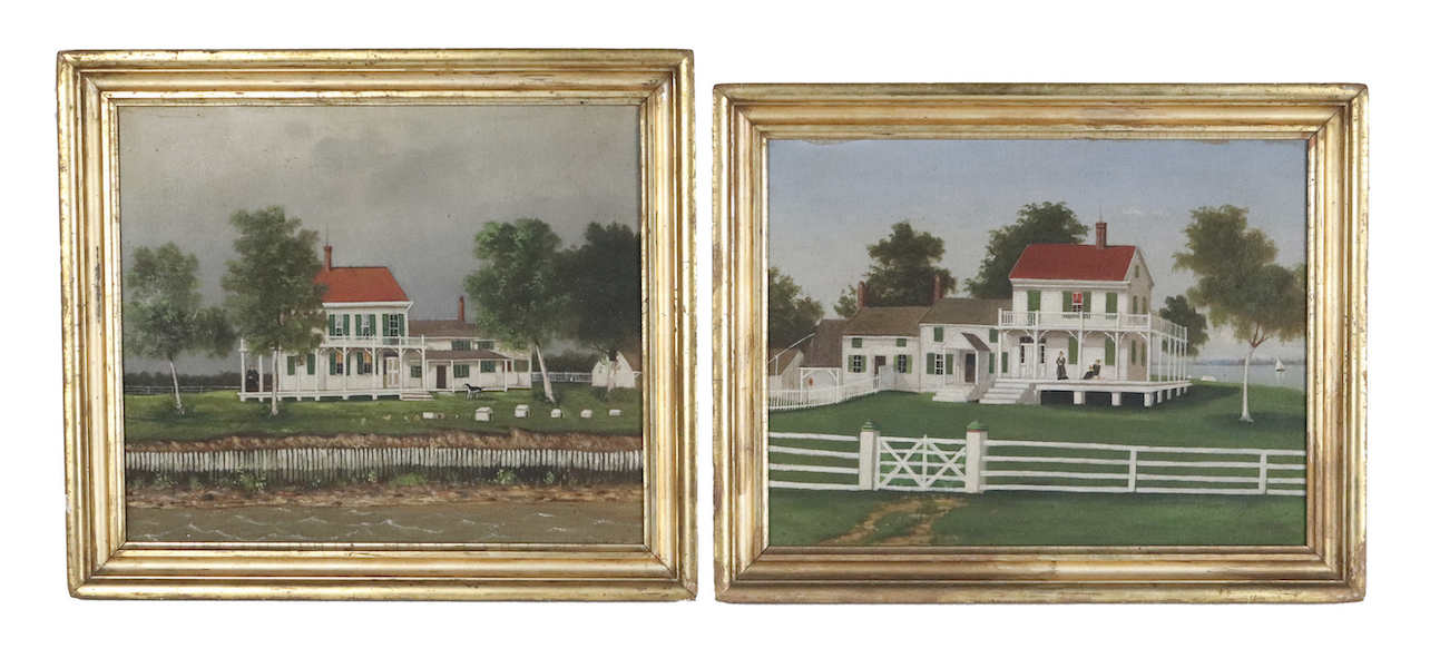 Two view paintings of a house by Paul Schnitzler, estimated at $4,000-$6,000