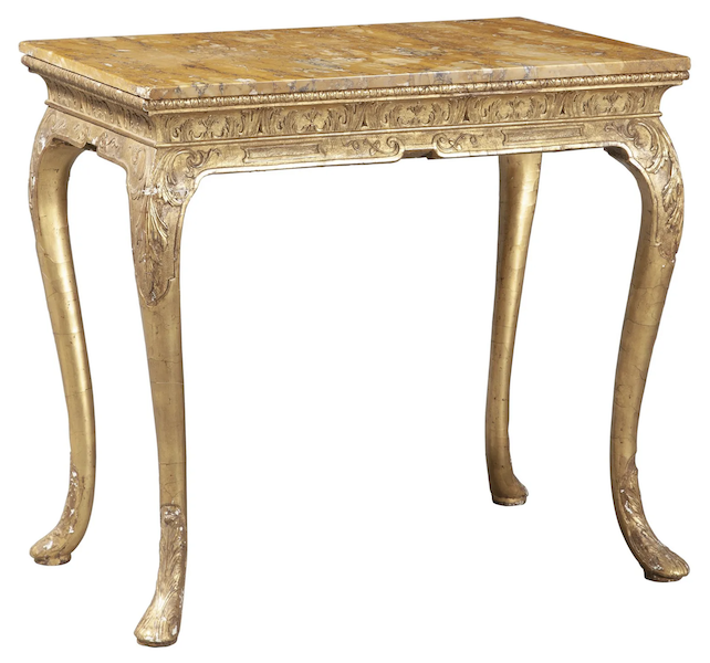 George I marble top giltwood side table, $12,600. Image courtesy of Doyle and LiveAuctioneers