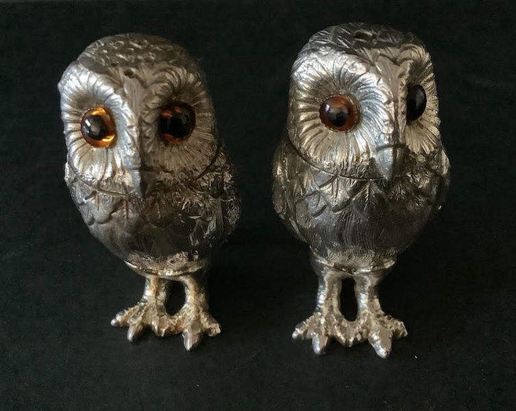 Pair of Tiffany & Co. sterling silver owl-form salt and pepper shakers, estimated at $1,000-$3,500 