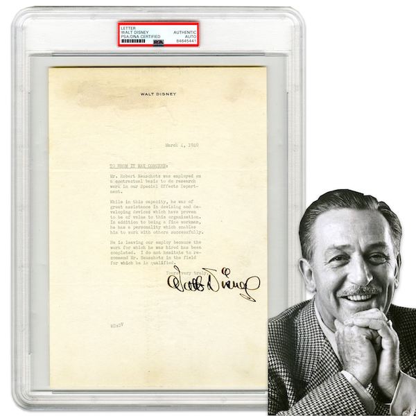 Walt Disney signed one-page typed letter recommending a former Special Effects Department employee, estimated at $6,000-$7,000