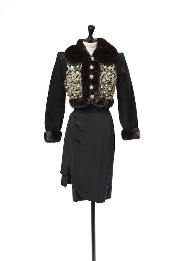 Yves Saint Laurent haute couture Autumn-Winter 1984-1985 short jacket of suede and mink, fully embroidered with crystals, rhinestones, gems and gold braids by Lesage, estimated at $4,300-$6,300. Image courtesy of Christie’s Images Ltd. 2023