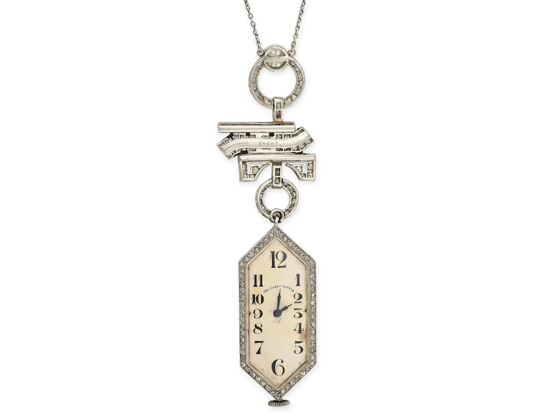 This Van Cleef & Arpels onyx and diamond fob watch pendant necklace made $24,307 plus the buyer’s premium in December 2022. Image courtesy of Elmwood’s and LiveAuctioneers.