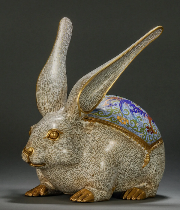 Standing a foot tall, this bronze cloisonne enamel rabbit from the Qing dynasty brought $7,000 plus the buyer’s premium in September 2022. Image courtesy of Jubao Hall Auction House and LiveAuctioneers.