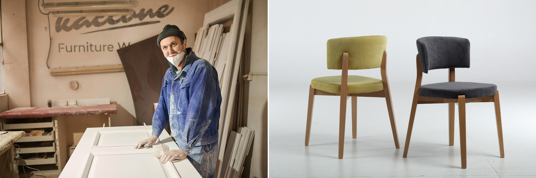Left, a worker at the Cassone home and commercial furnishings factory in Ukraine; Right, chairs made by the 110-year-old Ukrainian company Tivoli, which has arranged a trip for several of its fellow Ukrainian manufacturers to appear at the Winter Las Vegas Market Trade Show later this month. Images © and courtesy of Kiko Gaspar Communications
