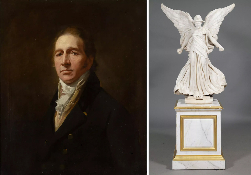 Left, Henry Raeburn’s portrait of Commander John Henry Cochrane, $20,160; Right, a French marble figure of Victory, $34,650. Images courtesy of Doyle and LiveAuctioneers