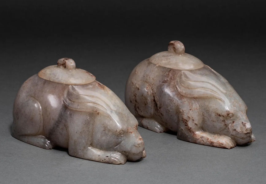 A pair of diminutive Chinese Han dynasty Hetian jade rabbit-form boxes sold for $5,500 plus the buyer’s premium in July 2022. Image courtesy of Fantastic Antique Corp and LiveAuctioneers.