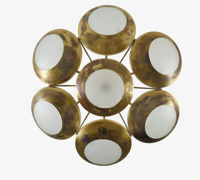 A 1950s Stilnovo pendant ceiling lamp in brass and etched glass brought €16,000 (about $16,965) plus the buyer’s premium in June 2018. Image courtesy of Wannenes - Art Auction and LiveAuctioneers.