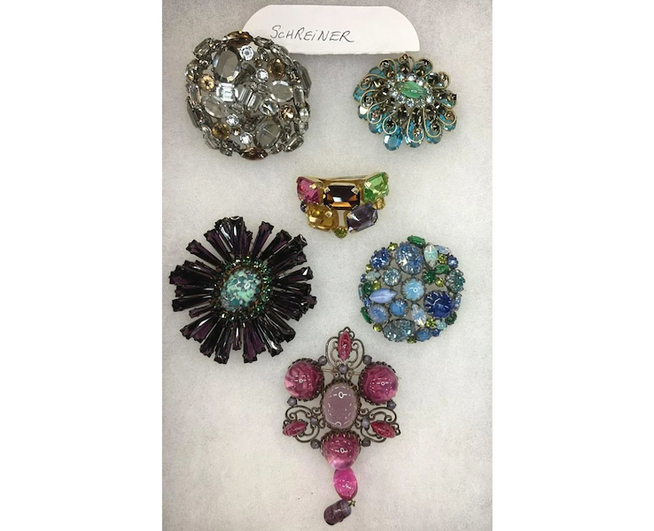 A grouping of Schreiner costume jewelry pieces attained $11,000 plus the buyer’s premium in March 2022. Image courtesy of Schultz Auctioneers and LiveAuctioneers.