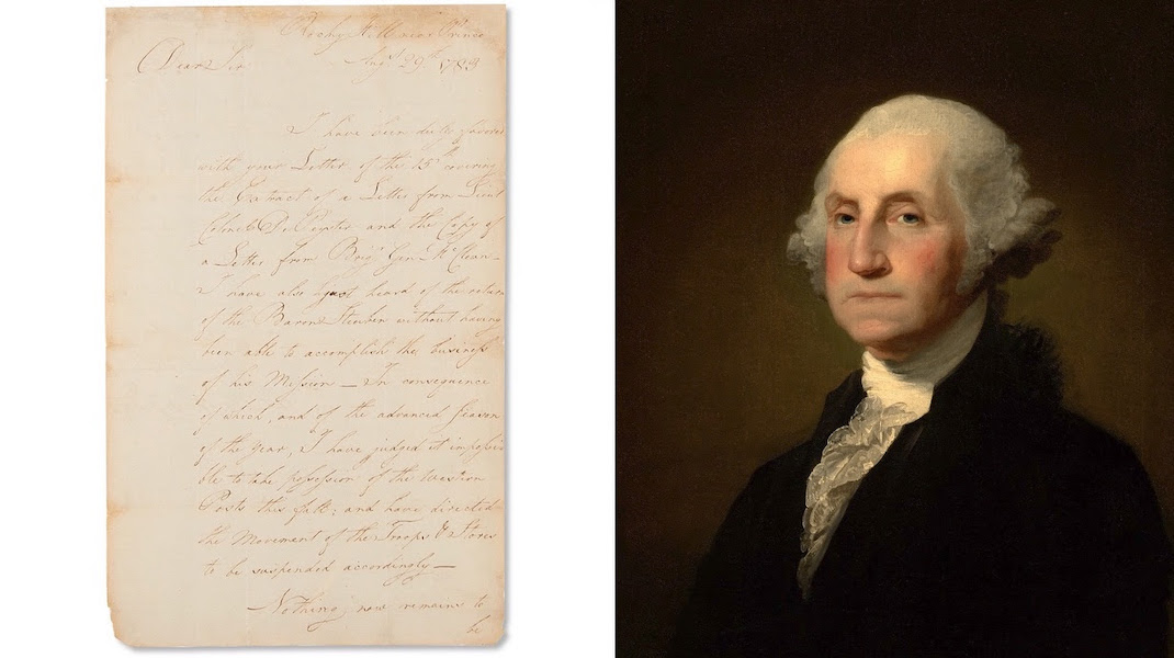 Letter signed by General George Washington four days before the Treaty of Paris, which formally ended the Revolutionary War, estimated at $50,000-$70,000