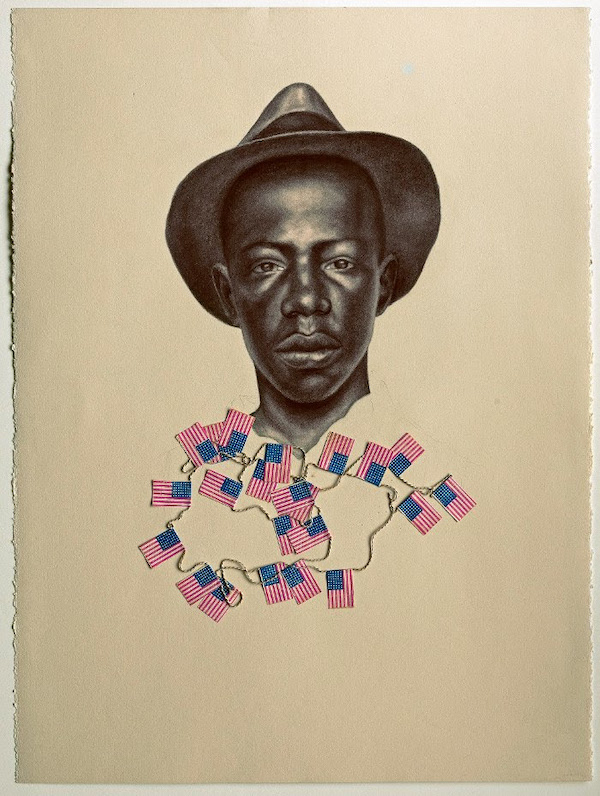 Whitfield Lovell, ‘Kin I (Our Folks),’ 2008. Conte on paper, found paper flags, string. 30 by 22 1/2in. Collection of Reginald and Aliya Browne. © Whitfield Lovell. Courtesy DC Moore Gallery, New York and American Federation of Arts.