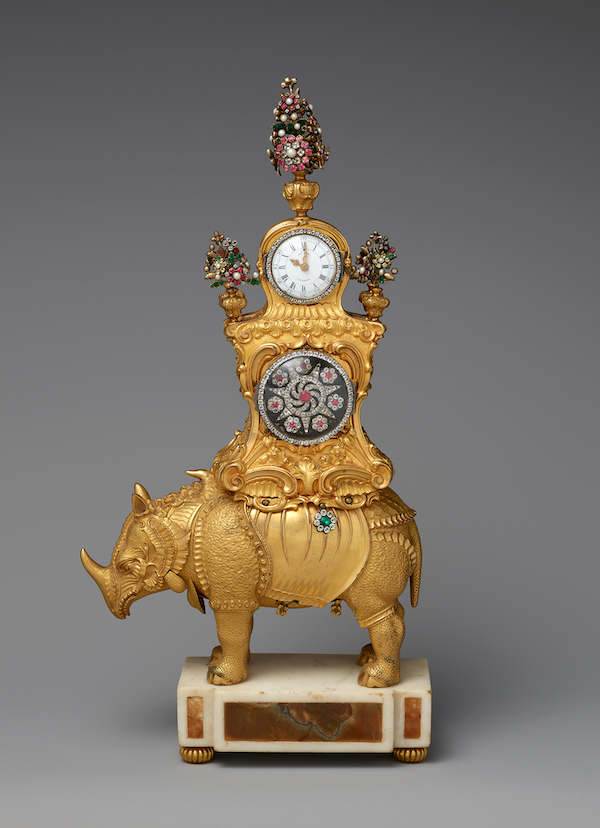 James Cox (British, circa 1723-1800), musical automaton rhinoceros clock, circa 1765-72. Gilt bronze, silver, enamel, paste jewels, white marble and amber, 15 9/16 by 8 3/8 by 3 1/2in. (39.5 by 21.3 by 8.9cm). The Frick Collection, gift of Alexis Gregory, 2021. Photo credit: Joseph Coscia Jr. 