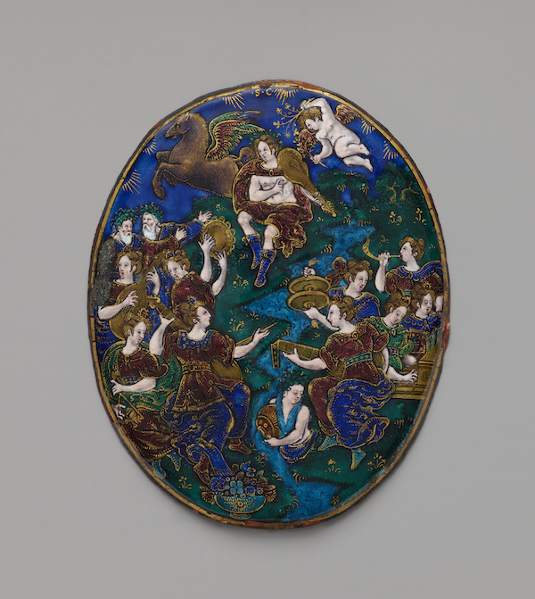 Suzanne de Court (French, active circa 1600), oval medallion, ‘Apollo and the Muses,’ circa 1600 Limoges. Enamel on copper, parcel-gilt4 1/4 by 3 1/2in. (10.8 by 8.9cm). The Frick Collection, gift of Alexis Gregory, 2021. Photo credit: Joseph Coscia Jr. 