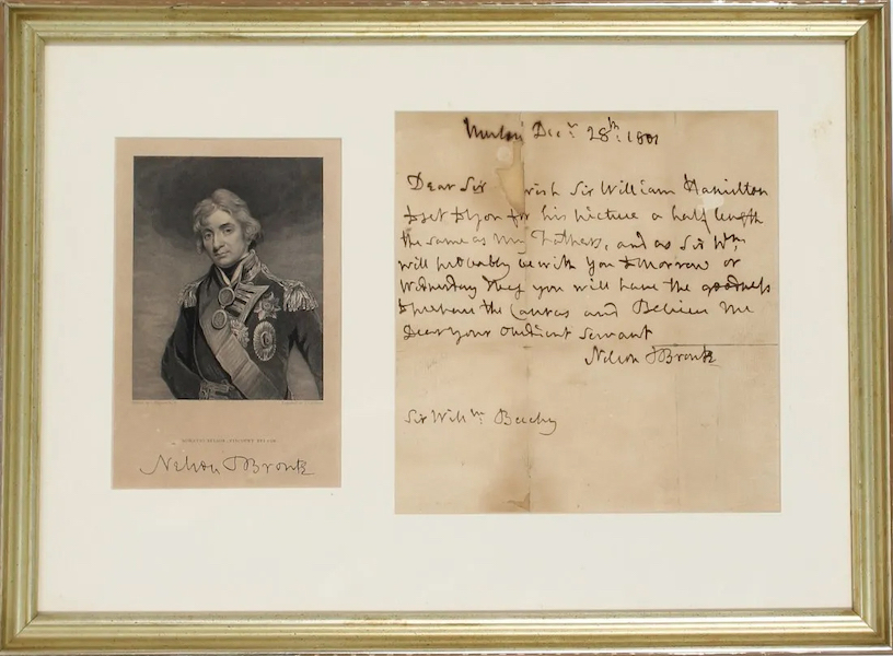 Lord Nelson portrait with 1801 letter in which he asks William Beechey to paint a portrait of Sir William Hamilton, estimated at $8,000-$12,000