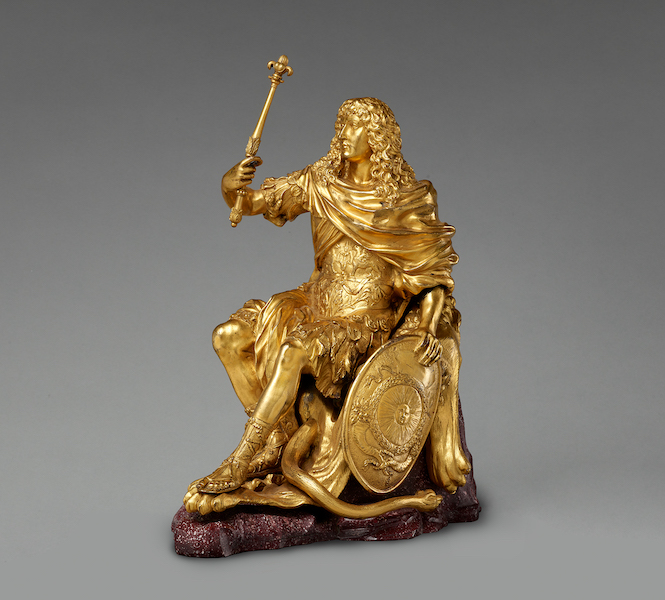 Attributed to Domenico Cucci and workshop, Manufacture des Gobelins, Paris 1662-1664, figure of Louis XIV. Gilt bronze, on a porphyry base, 13 5/8 by 11 15/16 by 7 1/16in. (34.6 by 30.3 by 17.9cm) The Frick Collection, gift of Alexis Gregory, 2021. Photo credit: Joseph Coscia Jr. 