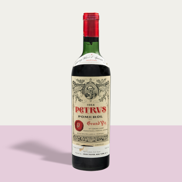 One of two bottles of 1964 Chateau Petrus, Pomerol, Bordeaux, France, together estimated at $7,000-$9,000 
