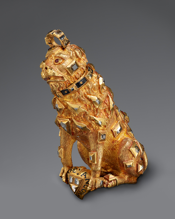 Probably South German, seated lion pomander, circa 1575. Gold, diamond, rubies, and enamel, 2 13/16 by 1 1/4 by 1 7/8in. (7.1 by 3.2 by 4.8cm) The Frick Collection, gift of Alexis Gregory, 2021. Photo credit: Joseph Coscia Jr. 