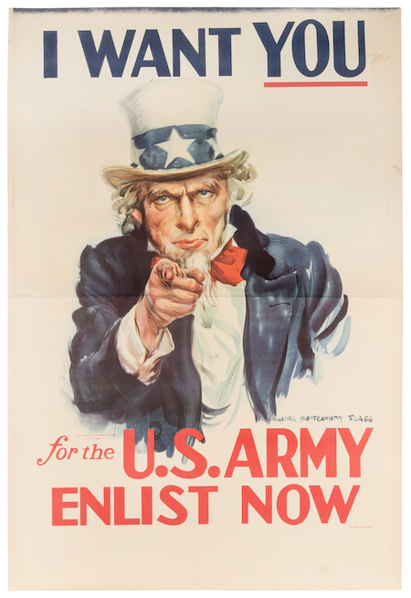 James Montgomery Flagg, 1940 version of his I Want You for the U.S. Army poster, estimated at $2,000-$3,000