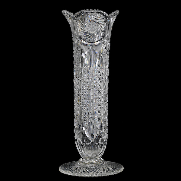 American Brilliant Cut Glass pedestal vase by Clark in the Maple pattern, weighing more than 21 pounds, estimated at $1,500-$3,500