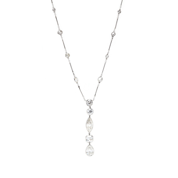 Platinum and diamond lavalier necklace, estimated at $8,000-$16,000. Image courtesy of Leland Little Auctions