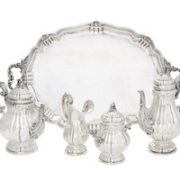 Four-piece 20th-century Buccellati sterling silver tea service with two-handled tray, estimated at $5,000-$7,000