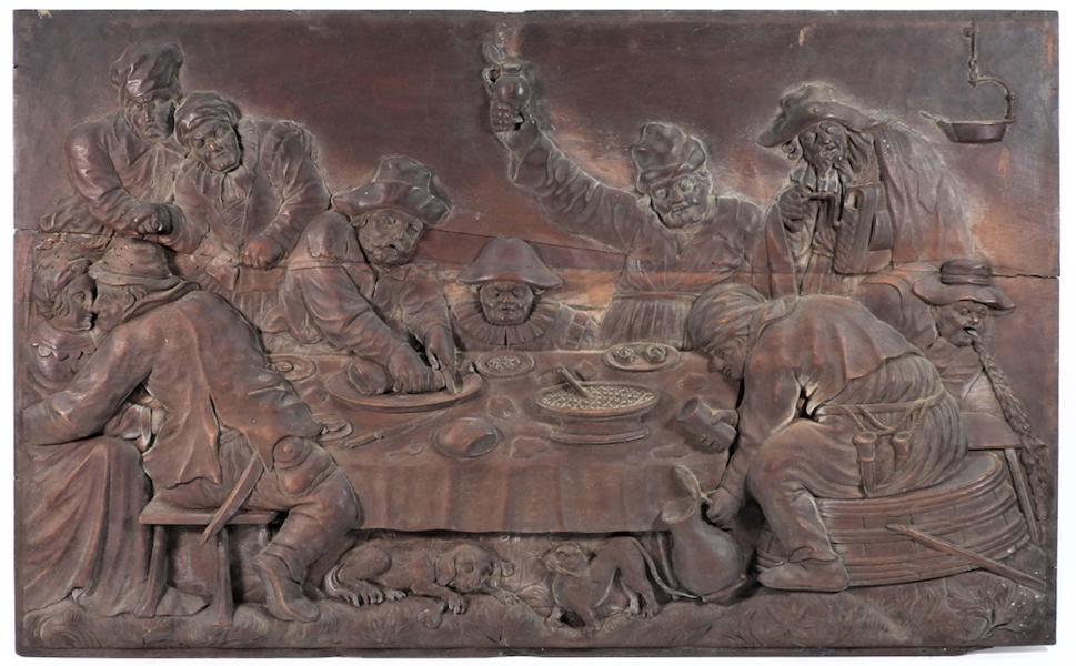 18th-century Continental carved wood tavern wall panel, estimated at $6,000-$9,000