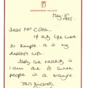 May 1995 letter on Kensington Palace notepaper, written by Princess Diana, in which she describes her marital situation as ‘one of three people in a triangle,’ estimated at £1,800-£2,200