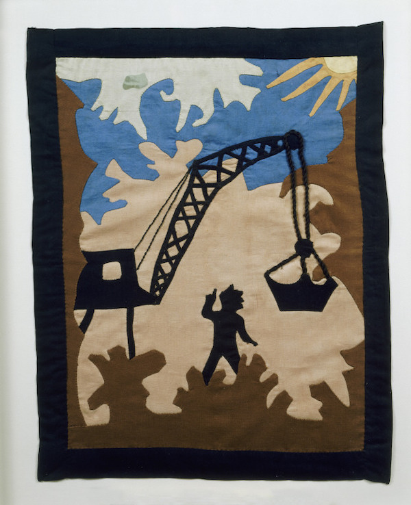 Designer: Ruth Clement Bond; Maker: Rose Marie Thomas. Tennessee Valley Authority applique quilt design of man with crane, 1934. Cotton; pieced, sewn (unquilted) 