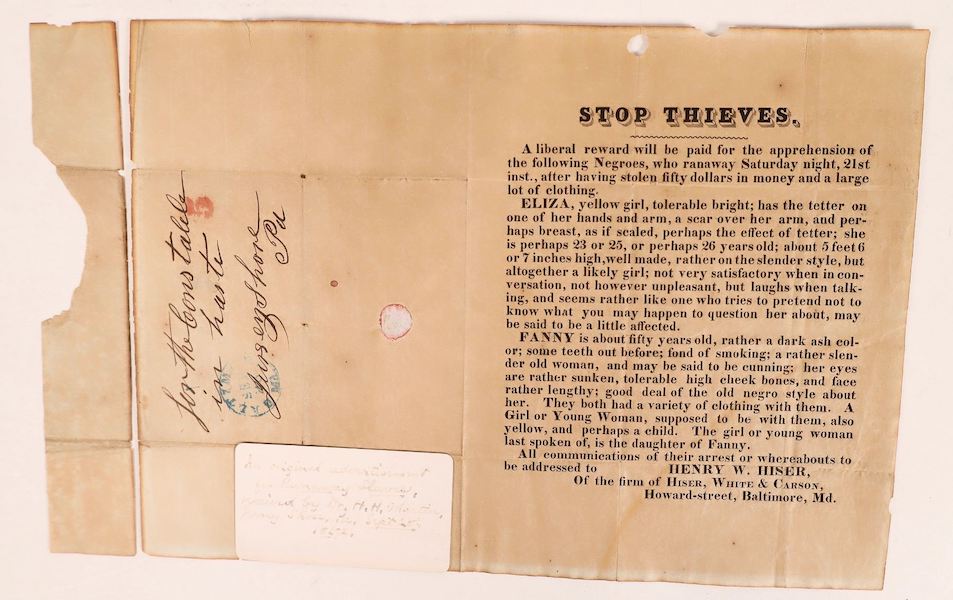 Folded slave broadside from 1852, offering ‘a liberal reward for the apprehension of (two) Negroes, who ran away Saturday night,’ $8,750