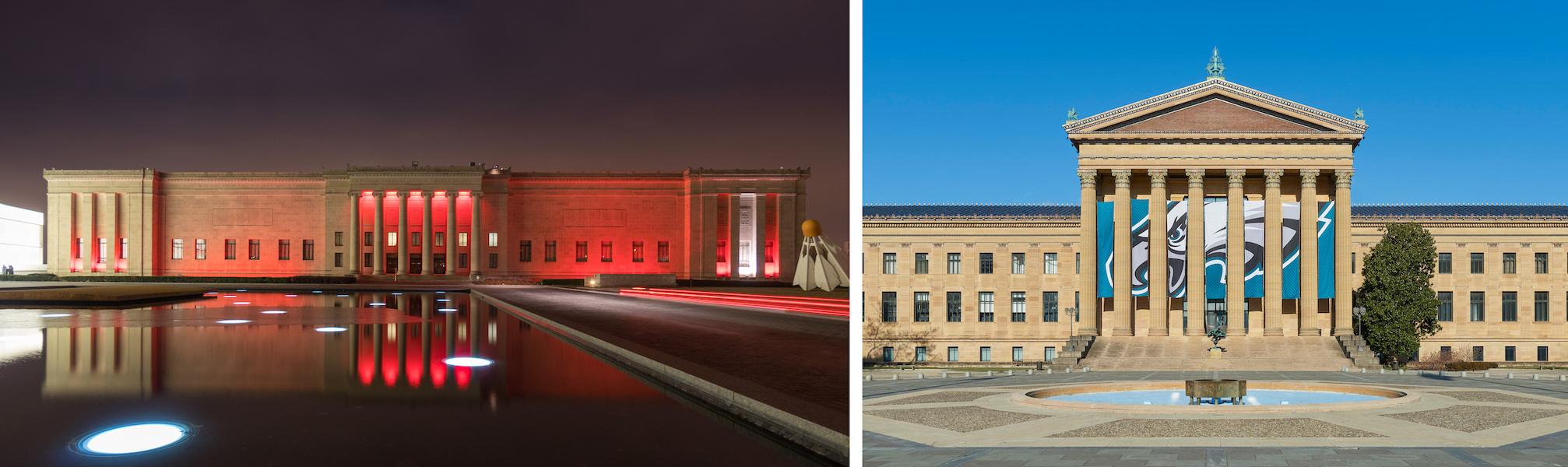 Left, the Nelson-Atkins Museum of Art in Kansas City, Mo.; Right, the Philadelphia Museum of Art in Philadelphia. The museums are cheering on the Kansas City Chiefs and the Philadelphia Eagles in the upcoming Super Bowl and marking it with a friendly bet: The loser has to loan the winner a choice work of art from its collection. Images courtesy of the Nelson-Atkins Museum of Art and the Philadelphia Museum of Art 
