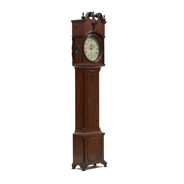 Circa-1780 Isaac Thomas walnut tall case clock, estimated at $8,000-$12,000. Image courtesy of Leland Little Auctions