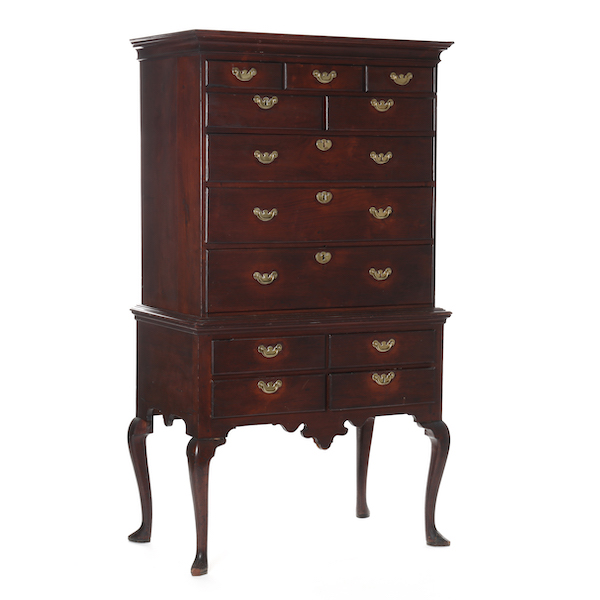 Well-documented circa-1760 Queen Anne walnut highboy, estimated at $2,000-$4,000. Image courtesy of Leland Little Auctions
